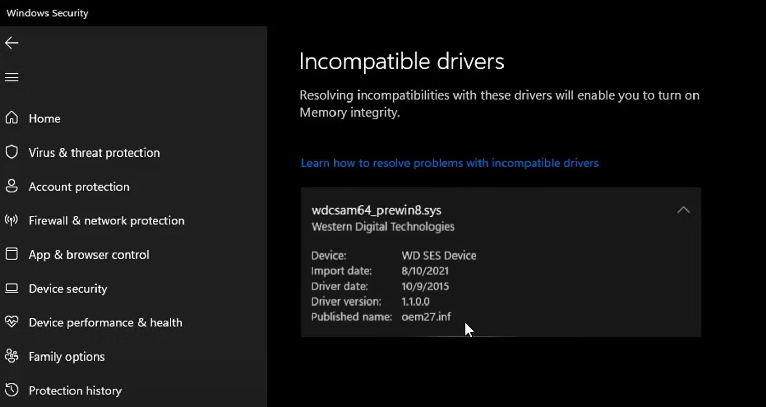 loi-memory-integrity-chuyen-sang-mau-xam-3 Ghi lại danh sách driver không tương thích trong cài đặt cách ly lõi trong ứng dụng Windows Security