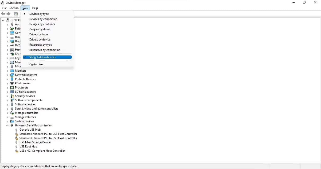 loi-memory-integrity-chuyen-sang-mau-xam-4 Nhấp vào tùy chọn Show hidden devices trong menu drop-down tab View của ứng dụng Windows Device Manager