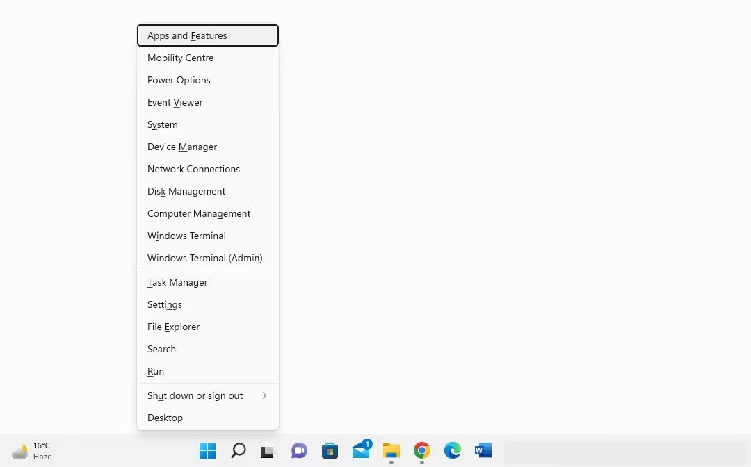 loi-memory-integrity-chuyen-sang-mau-xam-9 Nhấp vào Apps and Features bằng cách nhấp chuột phải vào nút Start của Windows