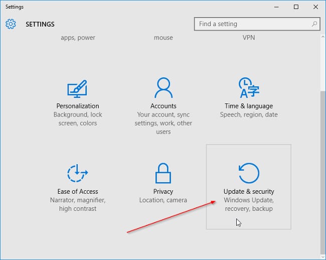 Trên cửa sổ Settings, tìm và click chọn Update and security
