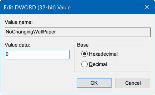 Kích đúp chuột vào value có tên NoChangingWallpaper