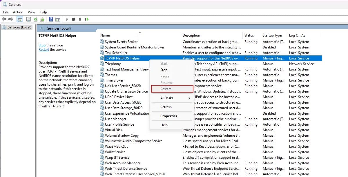 loi-network-resource-unavailable-5 Khởi động lại service TCP/IP NetBIOS Helper