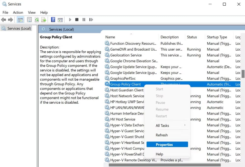 loi-please-wait-for-the-gpsvc-2 Truy cập các thuộc tính của Group Policy Client