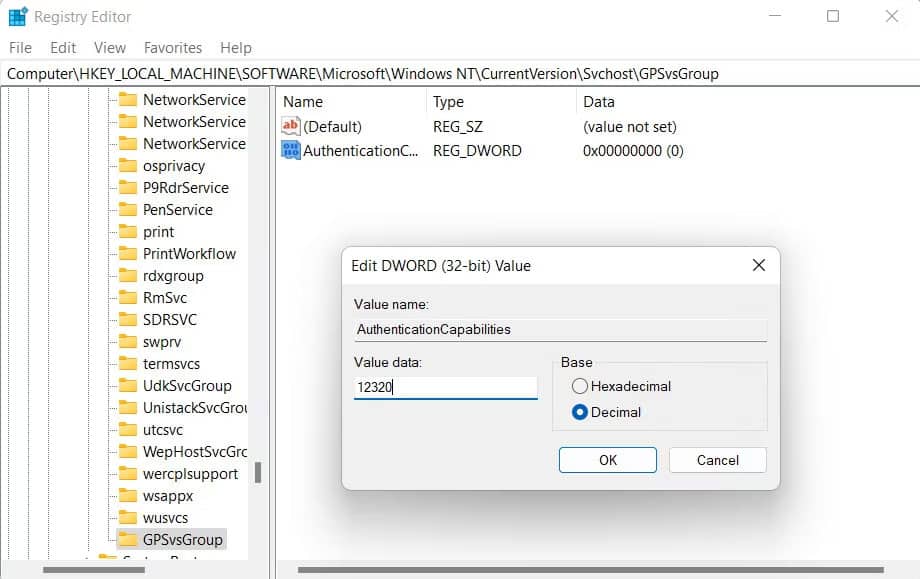 loi-please-wait-for-the-gpsvc-4 Key AuthenticationCapabilities trong Registry