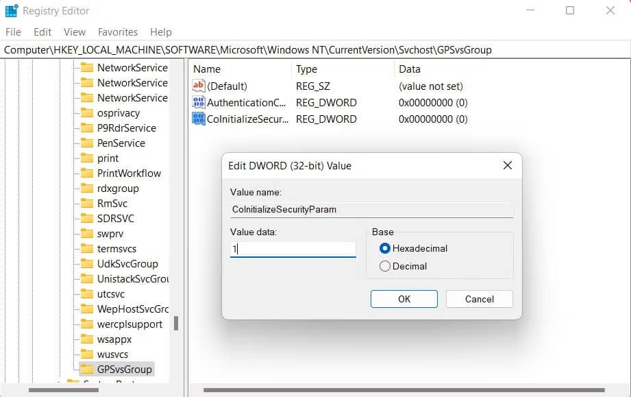 loi-please-wait-for-the-gpsvc-5 Key CoInitializeSecurityParam trong registry