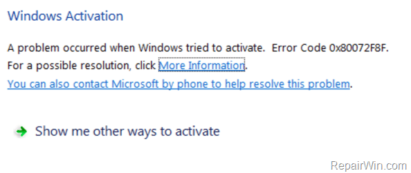 Lỗi Activation Windows 0x80072F8F