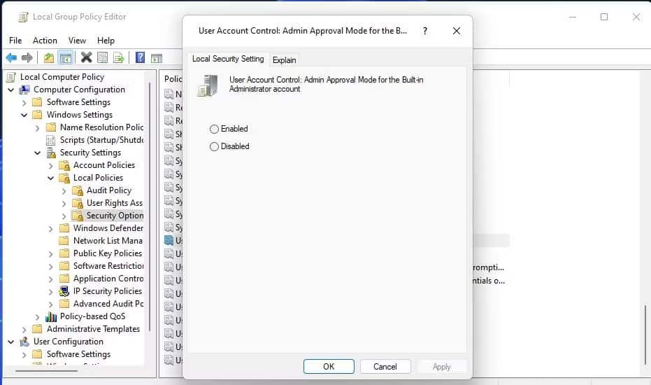 loi-windows-cannot-access-the-specified-device-11 Cài đặt policy Admin Approval Mode for Built-in Administrator account