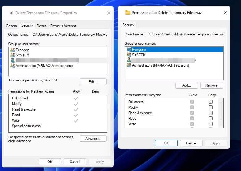 loi-windows-cannot-access-the-specified-device-6 Các hộp kiểm Deny cho quyền truy cập file