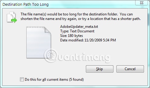 Giao diện hiện lỗi đường dẫn dài