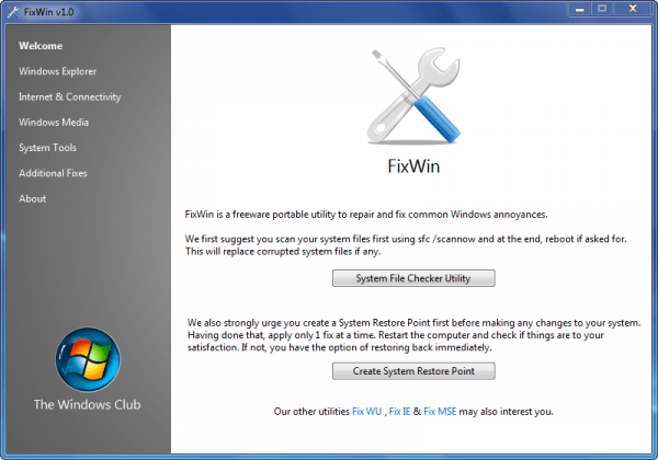 Màn hình chính Fixwin 1.2