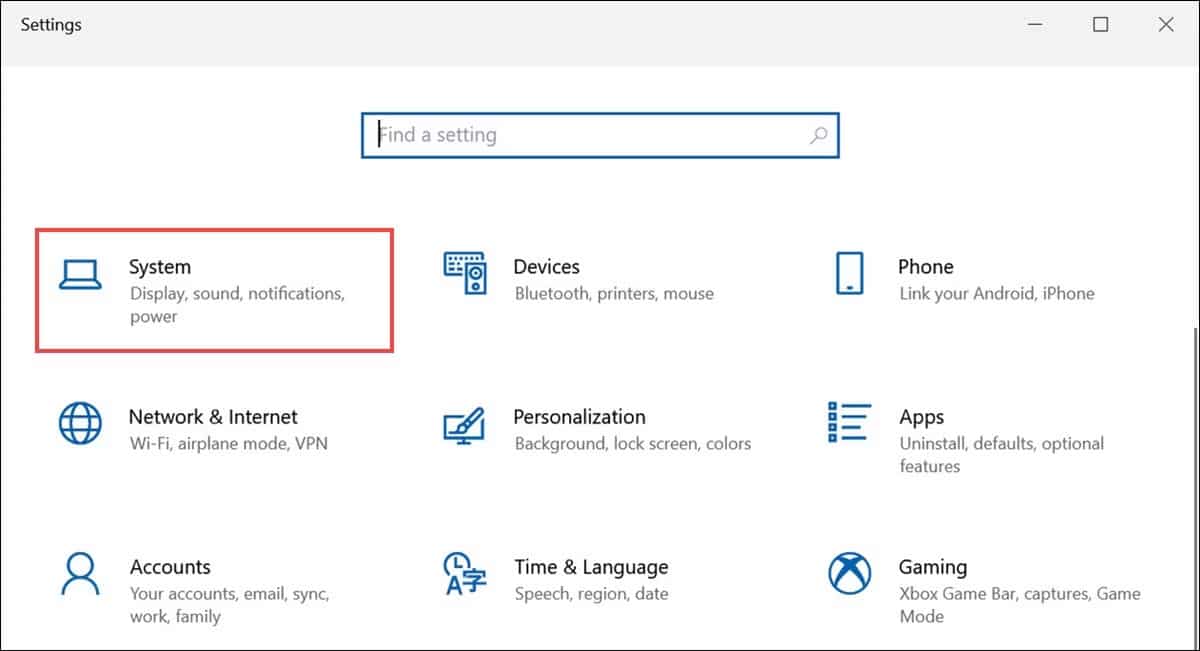 man-hinh-laptop-windows-bi-vang-1 Cài đặt hệ thống Windows 10 được highlight trong cửa sổ Settings