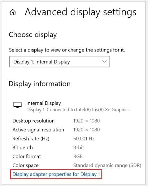 man-hinh-laptop-windows-bi-vang-4 Tùy chọn Display adapter properties for Display 1 trong Advanced display settings