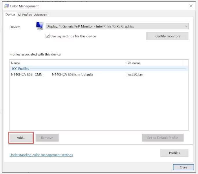 man-hinh-laptop-windows-bi-vang-6 Nút Add để thêm profile màu mới