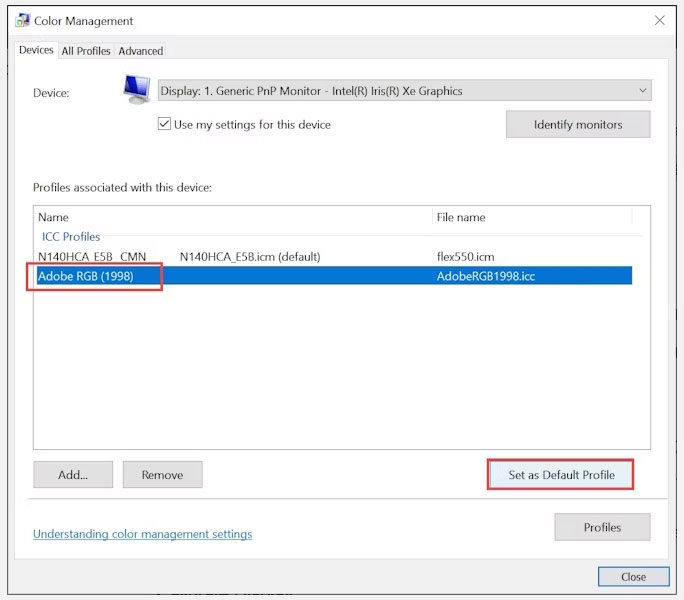 man-hinh-laptop-windows-bi-vang-8 Nút Set as Default Profile để đặt profile mới được thêm làm mặc định