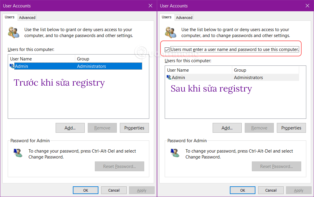 Hộp kiểm Users must enter a user name and password to use this computer đã hiện