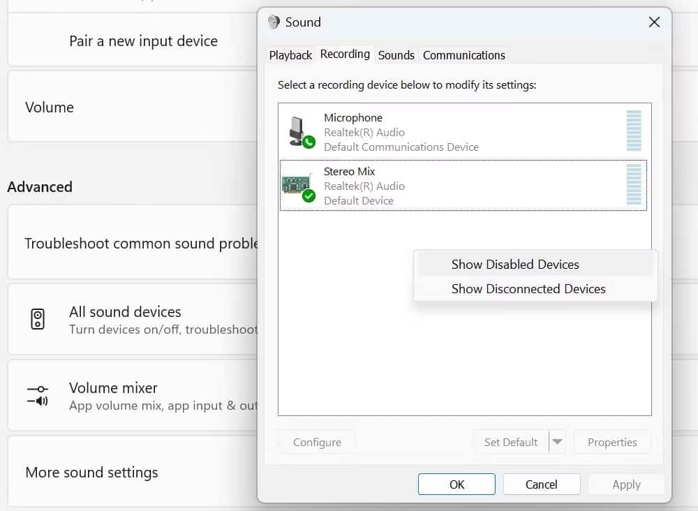 mic-headset-khong-hoat-dong-7 Nhấp vào Show Disabled Devices bằng cách nhấp chuột phải trong tab Recording