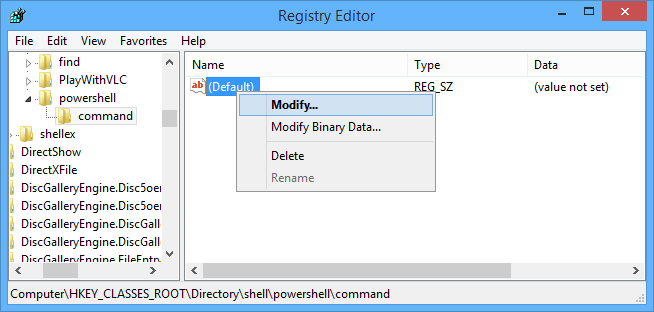 Kích chuột phải vào value Default trong sub-key Command rồi chọn Modify