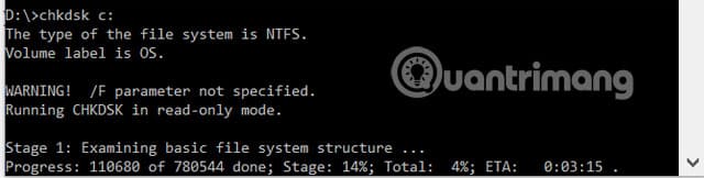 Chạy lệnh chkdsk