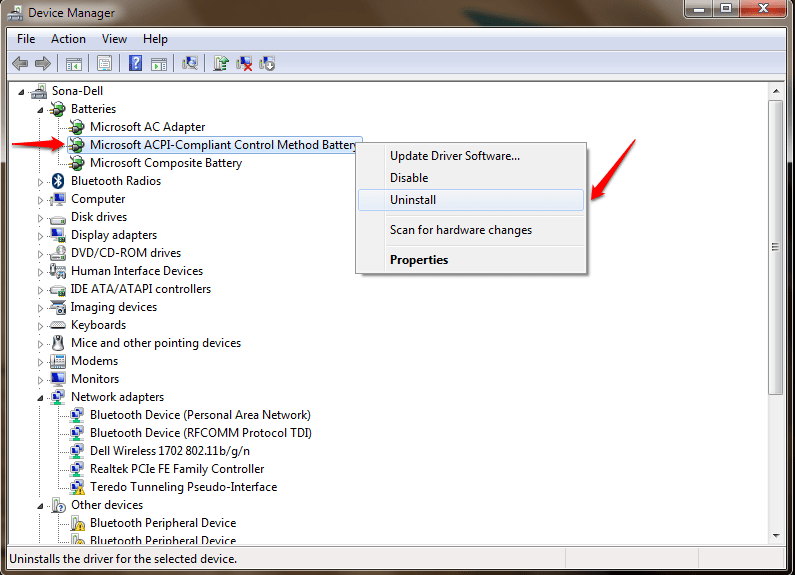 kích chuột phải vào Microsoft ACPI-Compliant Control Method Battery rồi chọn Uninstall