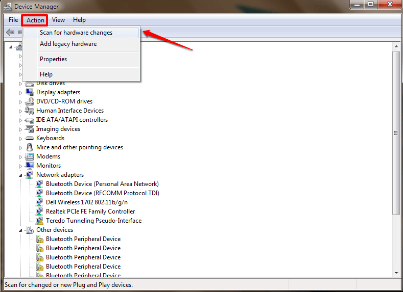 chọn Scan for hardware changes