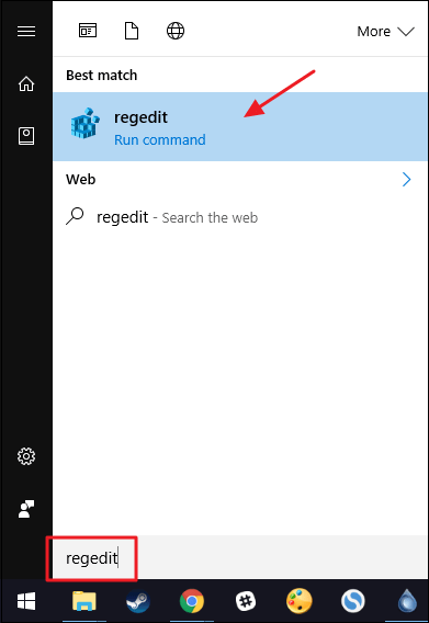 nhập regedit vào khung Search rồi nhấn Enter để mở cửa sổ Registry Editor