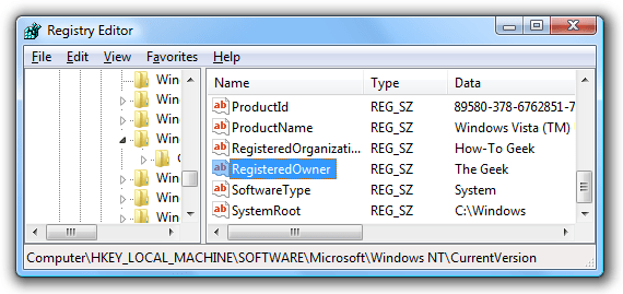 tìm key RegisteredOwner và key RegisteredOrganization