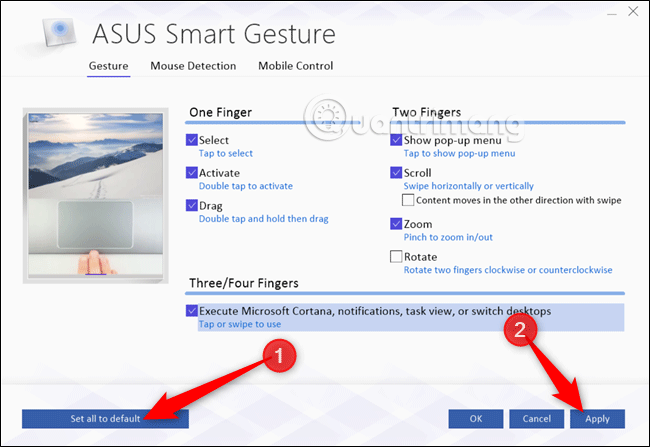Cài đặt trên ứng dụng ASUS Smart Gesture