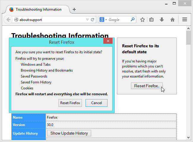 chọn Reset Firefox