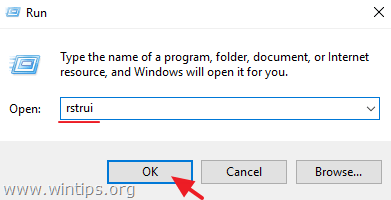 Trên cửa sổ lệnh Run bạn nhập rstrui (hoặc rstrui.exe) vào đó rồi nhấn Enter