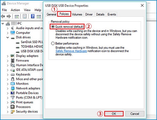 rut-usb-dung-cach-2 Nhấp vào tab Policies, bật Quick Removal