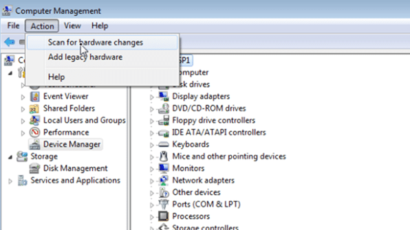 chọn Scan for hardware changes