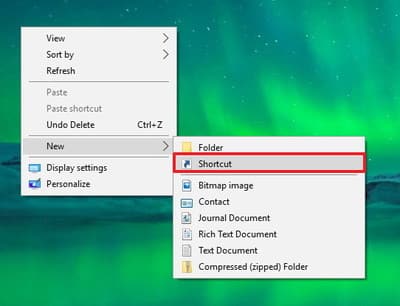 chọn New => Shortcut