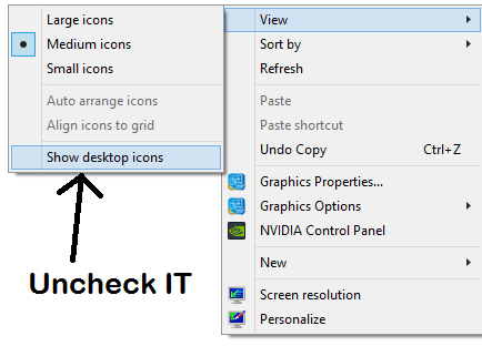 bỏ tích tùy chọn Show Desktop Icons
