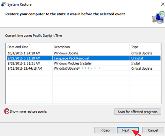 đánh tích chọn Show more restore points để chọn điểm khôi phục khác