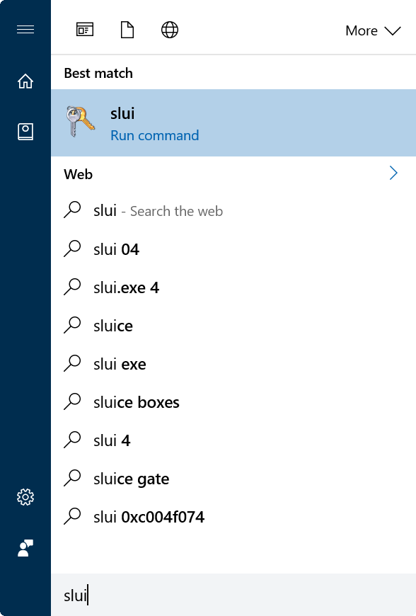 Nhập Slui vào khung Search trên Start Menu hoặc khung Search thanh Taskbar