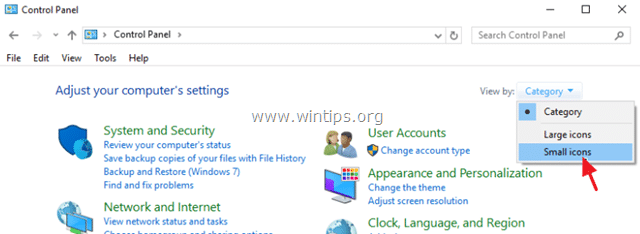 bạn thiết lập mục View by thành Small icons