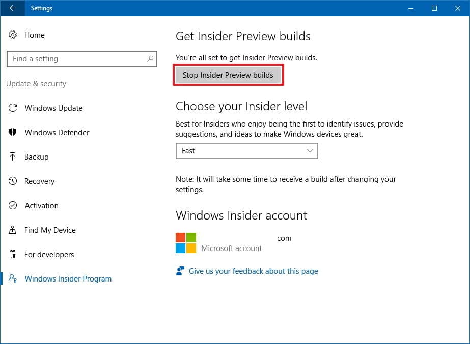 Click chọn nút Stop Insider Preview builds