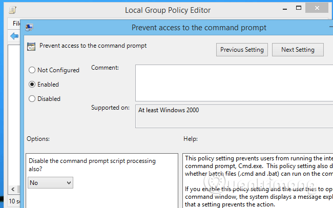 Cửa sổ cài đặt Prevent access to the command prompt