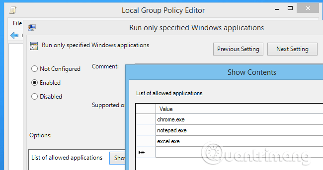 Kích hoạt tùy chọn Run only specified Windows applications