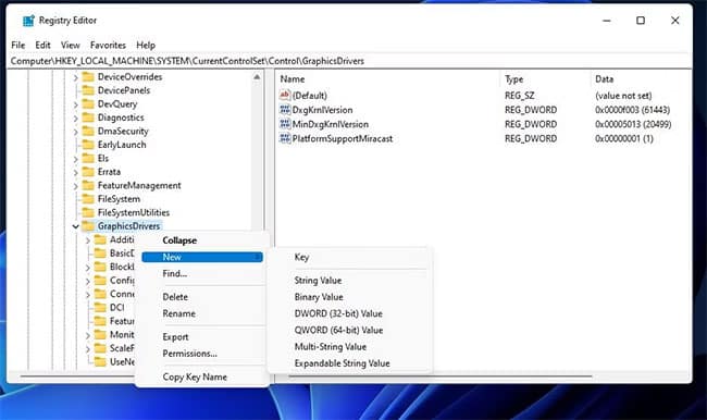 sua-loi-0x887a0006-dxgi-error-device-hung-11 Chọn tùy chọn New > DWORD (32-bit) Value