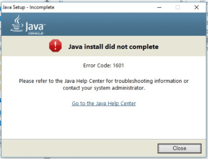 Thông báo lỗi 1601 khi cài Java