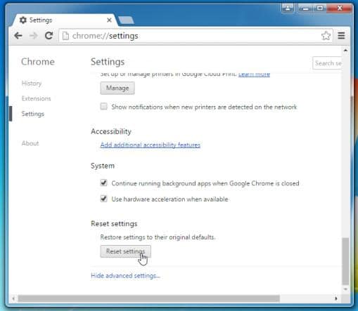 Tìm chọn Reset browser settings
