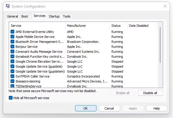 sua-loi-cua-so-task-host-ngan-windows-shutdown-5 Chọn Hide all Microsoft services trong tab Services