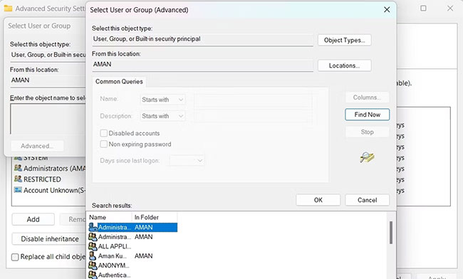 sua-loi-invalid-value-for-registry-4 Chọn username trong tùy chọn Find Now