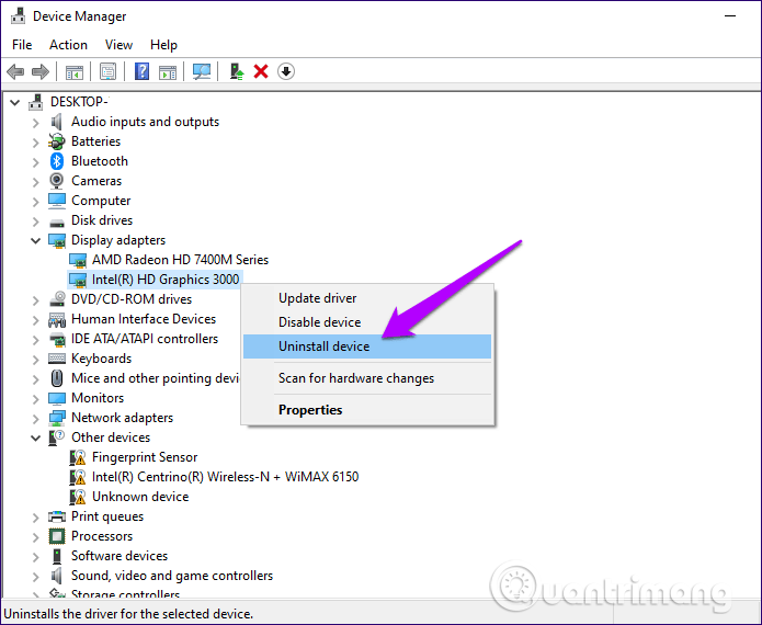 Chọn Uninstall Device