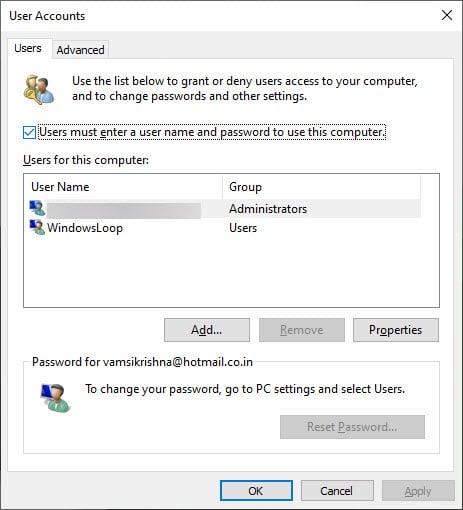 sua-loi-mat-hop-kiem-users-must-enter-a-user-name-and-password-to-use-this-computer-2 Hộp kiểm “Users must enter a user name and password to use this computer” trong cửa sổ netplwiz sẽ xuất hiện trở lại