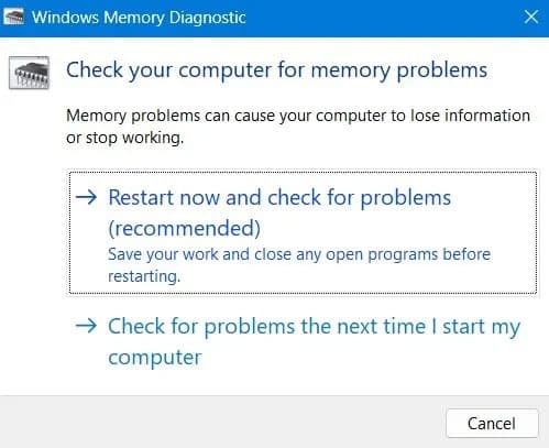 sua-loi-nsis-make-sure-your-temp-folder-is-valid-17 Tùy chọn khởi động lại trong cửa sổ pop-up Windows Memory Diagnostic