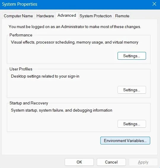 sua-loi-nsis-make-sure-your-temp-folder-is-valid-9 Cửa sổ System Properties đang hiển thị nút Environment Variables
