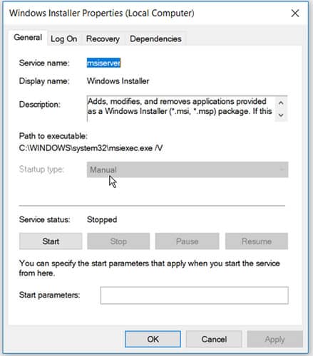 sua-loi-problem-with-this-windows-installer-package-2 Đặt Startup type thành Manual