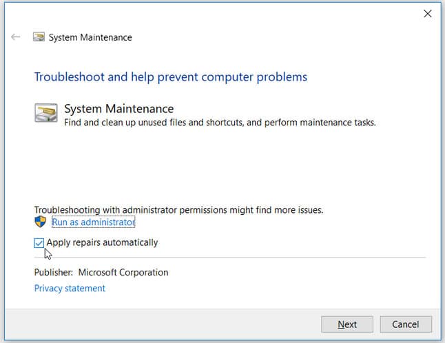 sua-loi-shell-infrastructure-host-has-stopped-working-7 Chạy trình khắc phục sự cố System Maintenance